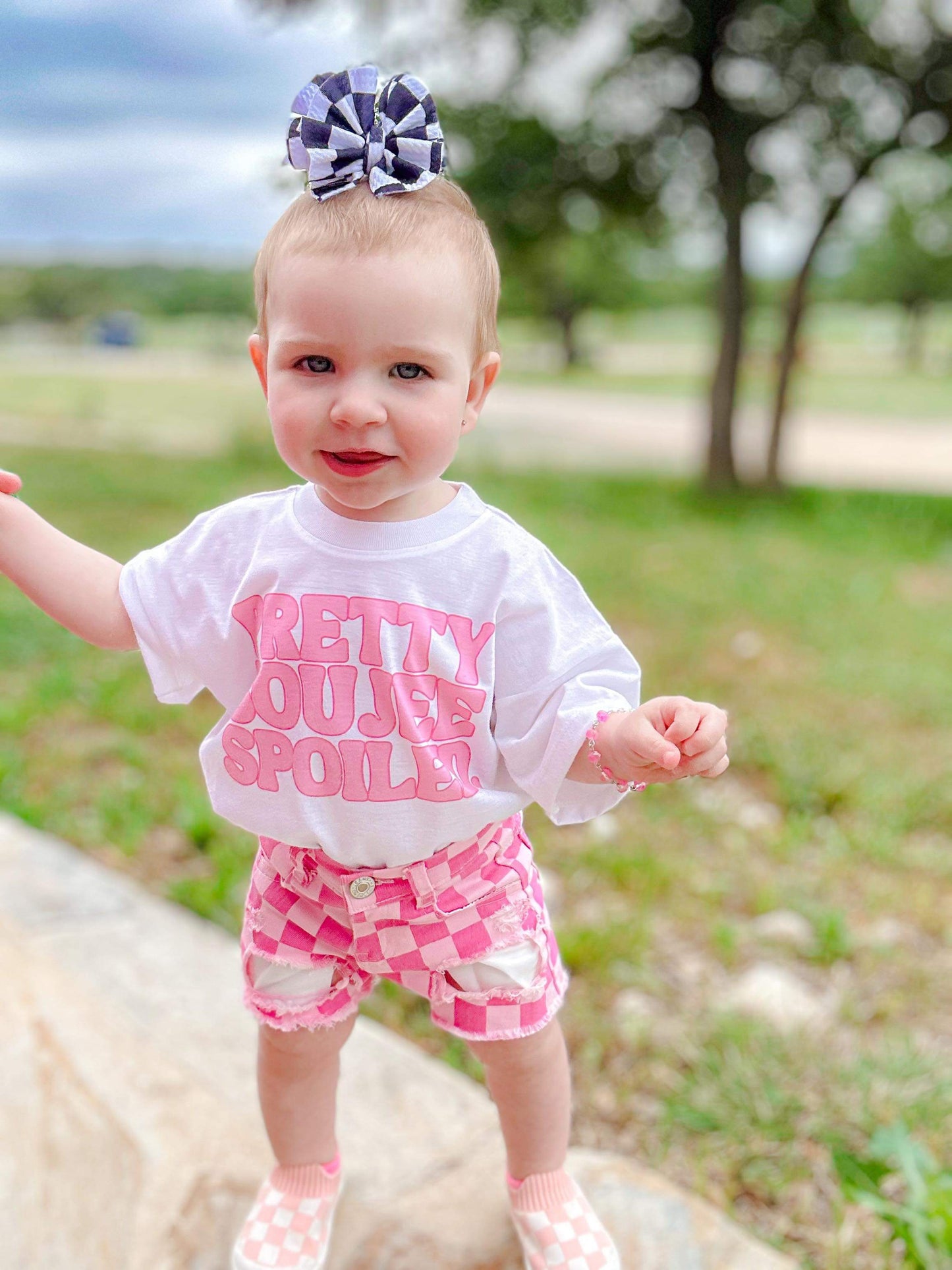 Pink Checkered Denim Shorts