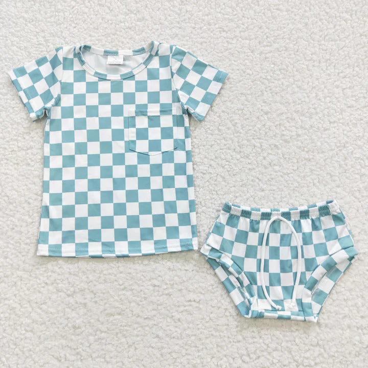 Light Blue Checkered Bummie Set