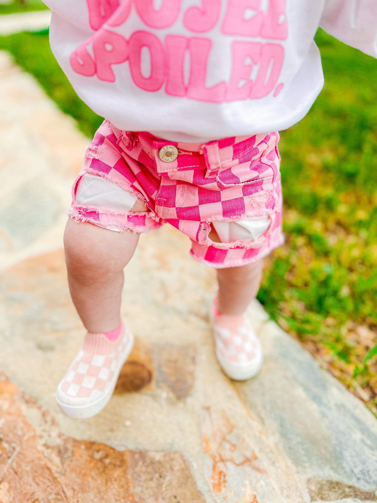 Pink Checkered Denim Shorts