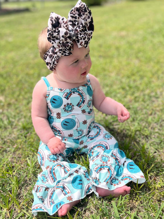 Turquoise Cow Pants Romper