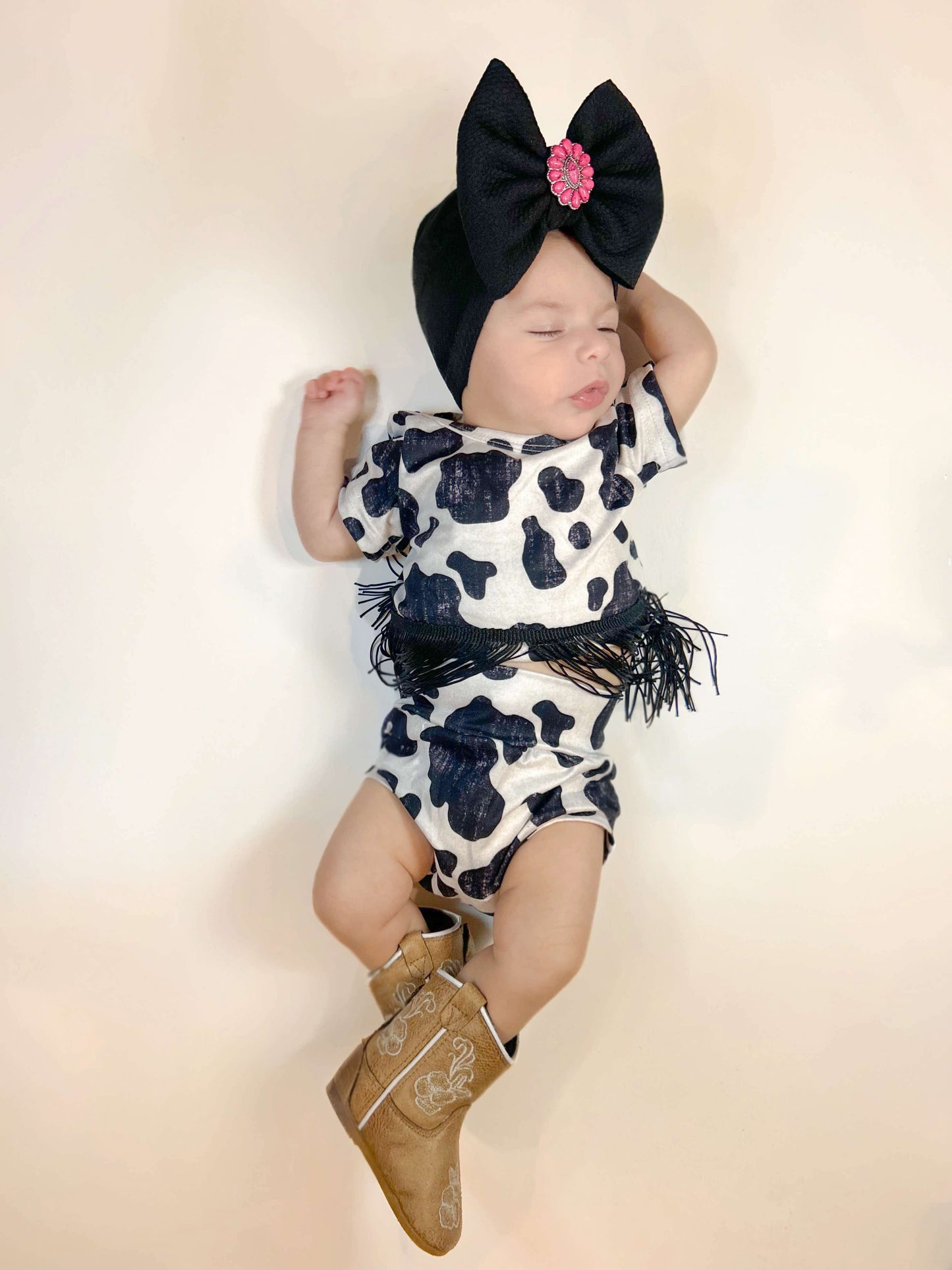 Cow print fringe bummie set!