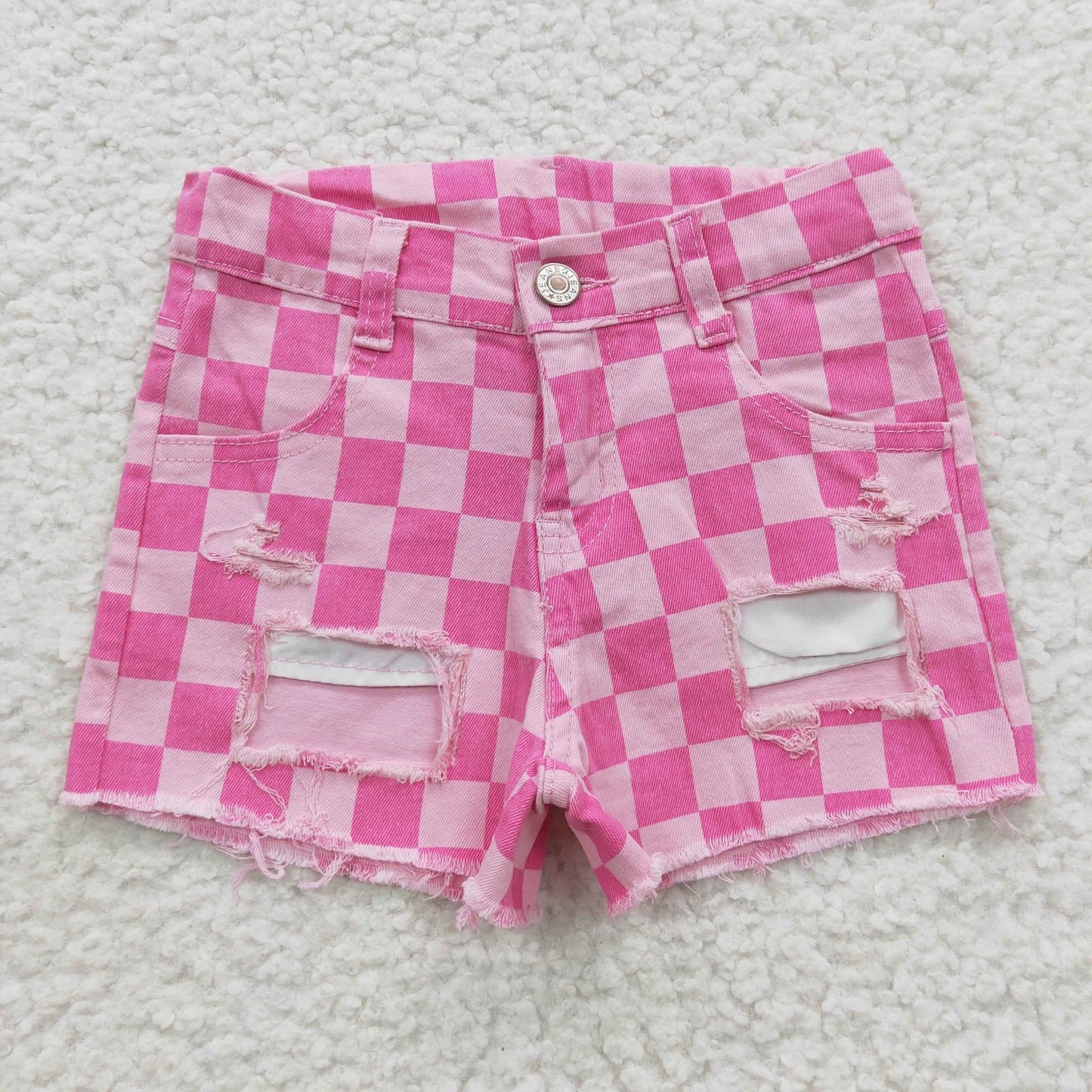 Pink Checkered Denim Shorts