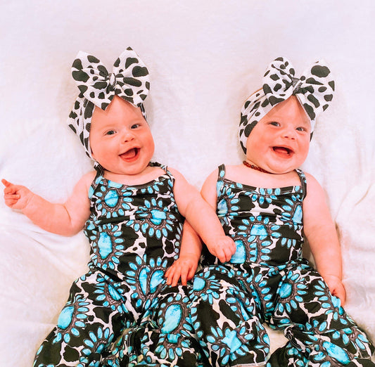 Turquoise Cow Pants Romper